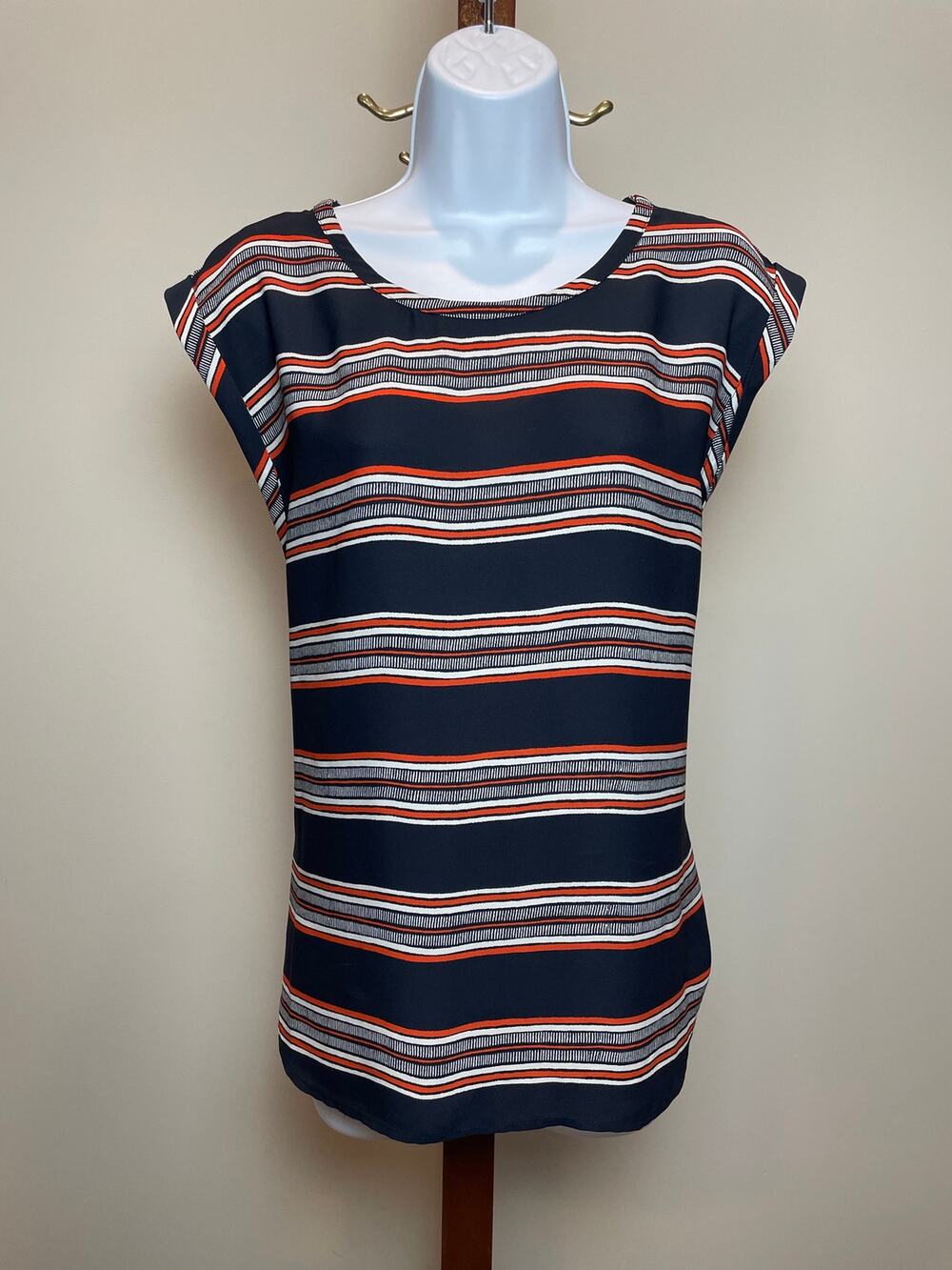 Ann Taylor Blouse Size L Navy Orange Stripe Scoop Neck Cap Sleeve Lightweight